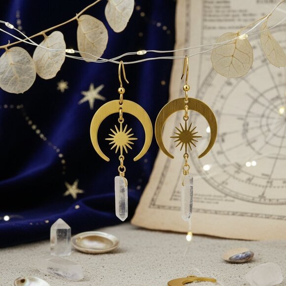 Gold Crescent Moon Sun Earrings Raw Clear Quartz Crystal Celestial Boho Witchy - Picture 4 of 10